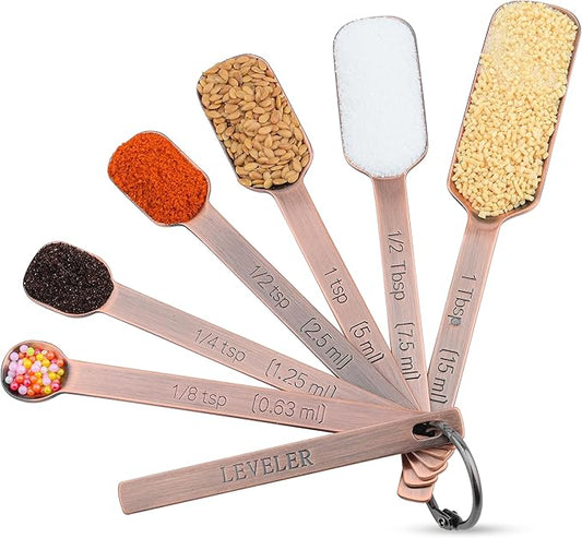 Copper Measuring Spoons Set, 6 Metal Measuring Spoons With Leveler, Long Handle Stainless Steel Measuring Spoons for Dry & Wet Ingredients During Kitchen & Baking