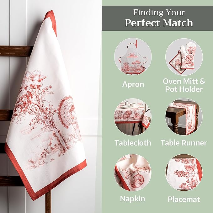 Maison d' Hermine Kitchen Towels Set of 3 100% Cotton 20" x 27.5" Reusable Cloth Tea Dish Towels Absorbent with Hanging Loop for Kitchen Dining Thanksgiving Christmas Decorations (Holy Jouy - Red)