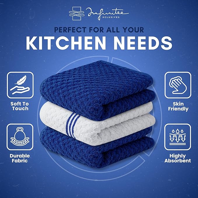 Infinitee Xclusives Premium Kitchen Towels – Pack of 3, 100% Cotton |15 x 25| Inches Absorbent Dish Towels - Terry Kitchen Dishcloth Towels - Blue Dish Cloth for Household Cleaning