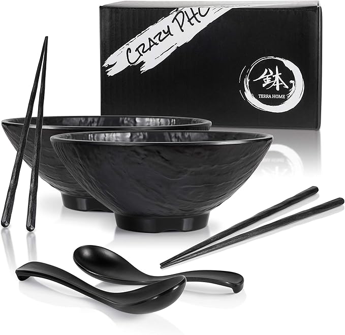 Ramen Bowl and Spoon Set with Chopsticks - Large Pho Bowls and Spoons Set Unbreakable Japanese Melamine Ramen Bowl - 6 Piece Matte Black Asian Ramen Noodle and Soup Bowls - 54 Ounce