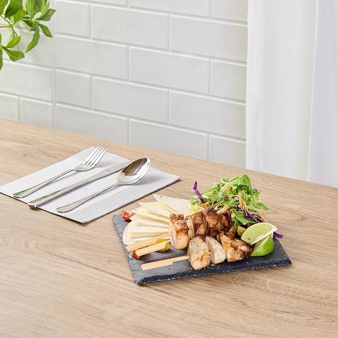 Restaurantware Slate Serving Trays 10 Pack of 8 x 8" Foam Feet Charcuterie Stone Plates Rustic Edges Freezable Black Square Serving Display Cheese Boards for Kitchen, Dining, Parties