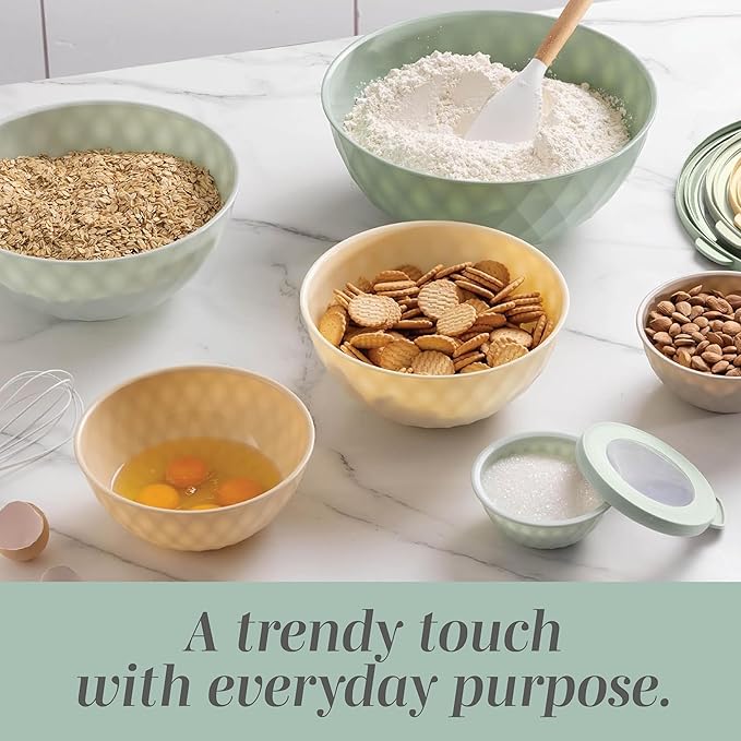 COOK WITH COLOR Mixing Bowls with Lids - 12 Piece Plastic Nesting Bowls Set includes 6 Prep Bowls and 6 Lids, Diamond Design - Microwave Safe, Mint