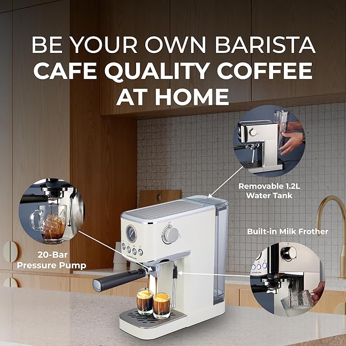 Epsilon Coffee Machine with Milk Frother, Compact 20-Bar Espresso Maker, Hot and Iced Coffee Maker with Removable Water Tank, Cold Brew Feature, and Steam Wand, 1.2L Capacity - Stainless Steel