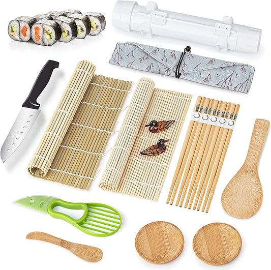 Sushi Making Kit, All in One Sushi Roller Set Maker Kit with Bamboo Rolling Mat, Bazooka, Chopsticks Holders, Rice Paddle, Avocado Slicer for Beginners, Kids, Family, Friends, Home