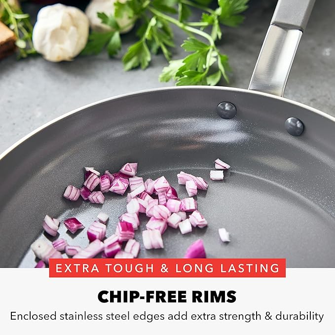 GreenPan x Bobby Flay Stainless Steel 12” Frying Pan Skillet & Glass Lid, Professional Grade Tri-Ply, Multiclad, PFAS-Free Ceramic Nonstick, Induction Suitable, Dishwasher & Oven Safe,Stay Cool Handle