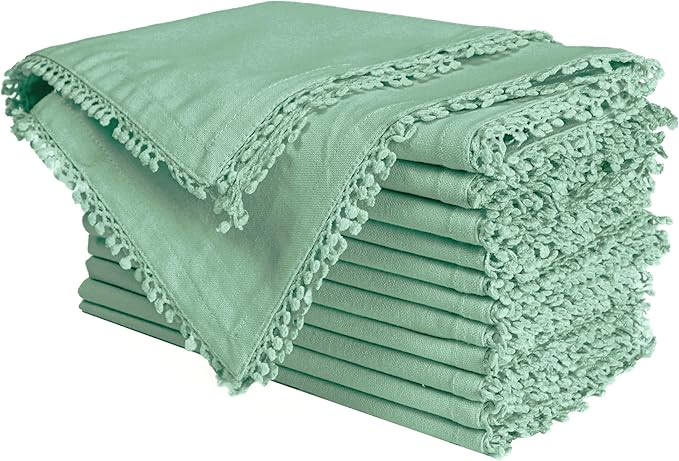 Bedding Craft Cotton Cloth Dinner Napkins Set of 12 – 18x18 Teal with Decorative Lace Selvedge – Reusable Machine Washable Fabric Napkins for Weddings, Baby Showers, Parties & Table Décor