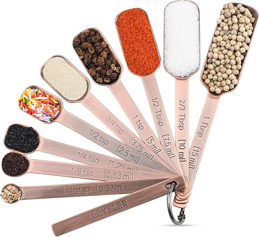 Smithcraft Copper Measuring Spoons Set 10, Stainless Steel Measuring Spoons with Leveler, Metric & US Metal Measuring Spoons fro Baking & Kitchen, Dry&Liquid Long Handle Measruing Spoons for Spice Jar