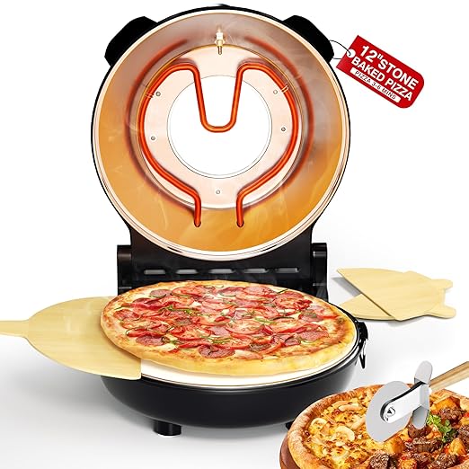 PYY Pizza Oven Indoor 12 Inch Electric Pizza Oven Countertop Heats up to 800℉ with Pizza Stone Viewing Window Thermometer Table Top Pizza Cooker Portable Pizza Maker Machine for Home Patio RV Dorm