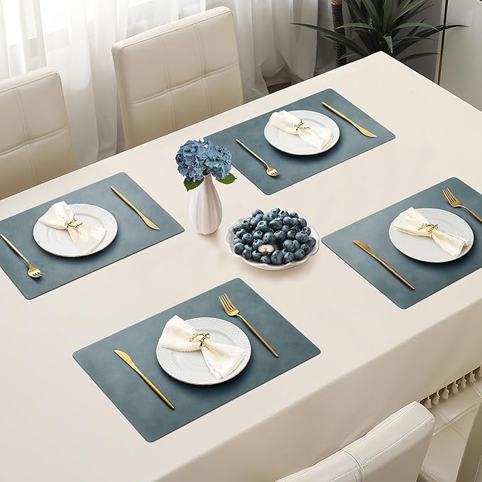 Roxifina Faux Leather Placemats Set of 8 - Vinyl Placemats Wipeable Waterproof Oil-Proof PU Place Mats Heat Resistant Reversible Table Mats for Dining, Kitchen, Outdoor, 12 x 17 Inch (Blue-Gray)