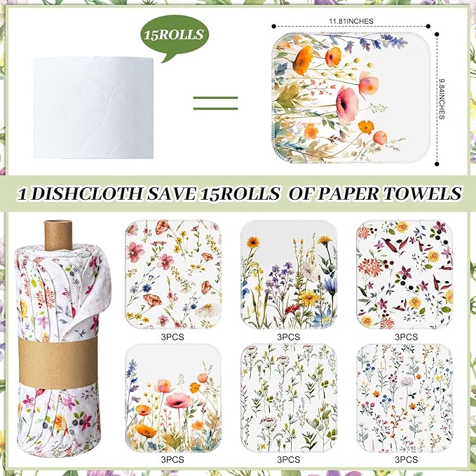 90 Pack Reusable Cleaning Cloths Washable Cotton Kitchen Dish Towels for Home Christmas Party Supplies Bulk, 9.84x11.81in (Wildflowers)