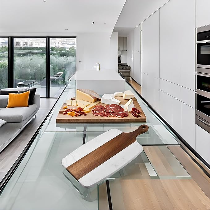 Marble and Acacia Wood Cheese Cutting Board with 4Pcs Cheese Knife Set,Luxury Charcuterie Serving Board w Utensils| Handmade Easy Grip Handle Appetizer Platter Display Tray (13.78 IN*7.08 IN*0.8 IN)