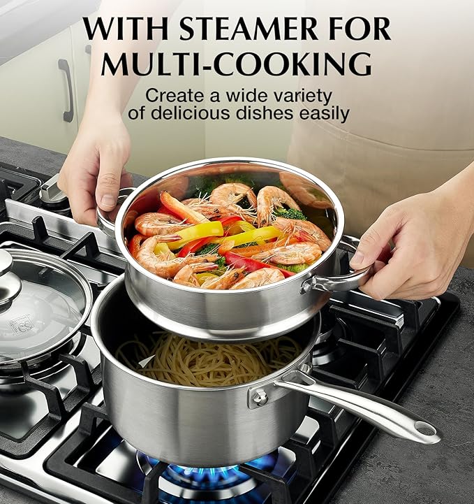 KOCH SYSTEME CS Hybrid Nonstick Stainless Steel Sauce Pan with Steamer Insert, 18/10 Steel 2QT Sauce Pan with Lid, Triple Stainless Steel Pot with Honeycomb Interior, Induction Compatible & Oven Safe