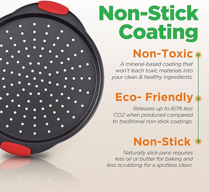 NutriChef 13-Inch Nonstick Pizza Tray - 12 PACK, Round Carbon Steel with Perforated Holes, Silicone Grip Handles, Dishwasher Safe, PFOA Free Bakeware