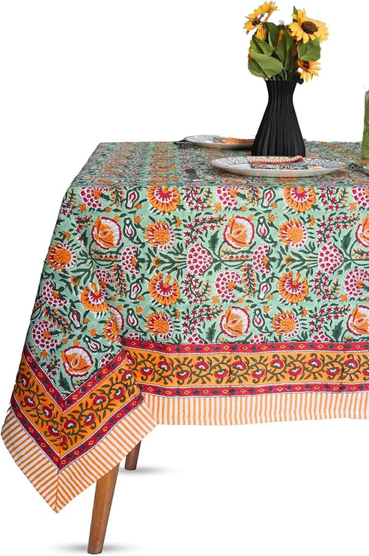 Handblock Print Cotton Tablecloth – 60x90 Rectangle Table Cover Seats 6 – Indian Block Printed Floral Dining Table Linen – Boho Washable Cloth for Kitchen, Party, Outdoor (Forest Green)