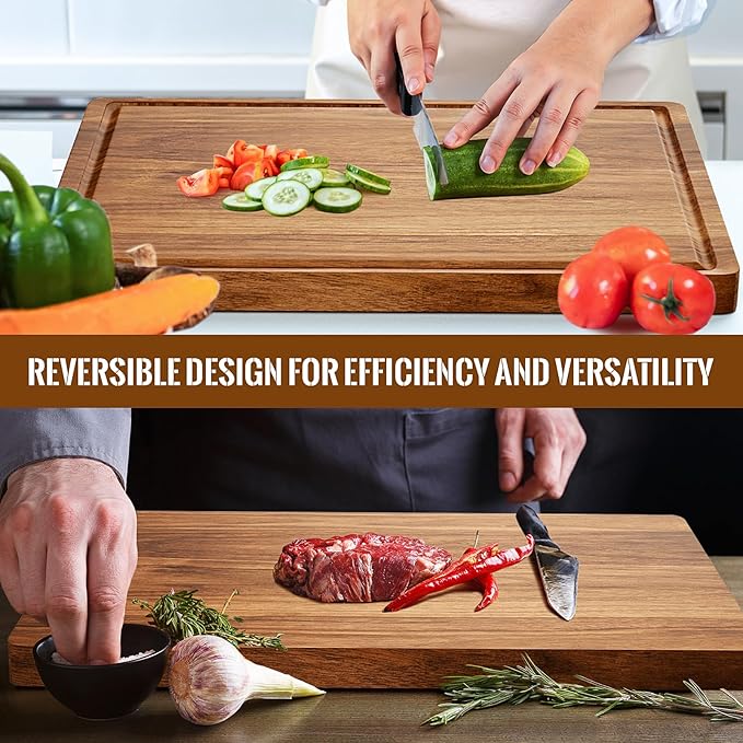 XX-Large Acacia Wood Cutting Board for Kitchen, 24x18x1.2 Inch Reversible Wooden Chopping Board Thick Charcuterie Board with Juice Grooves and Handle for Meat, Cheese, Vegetables, Fruits, Bread