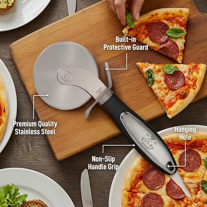 Zulay Kitchen Premium Pizza Cutter - Durable Stainless Steel Pizza Cutter Wheel - Easy-to-Clean, Easy-to-Use Pizza Slicer - Super Sharp with Non-Slip Handle - Dishwasher Safe Pizza Wheel (Black)