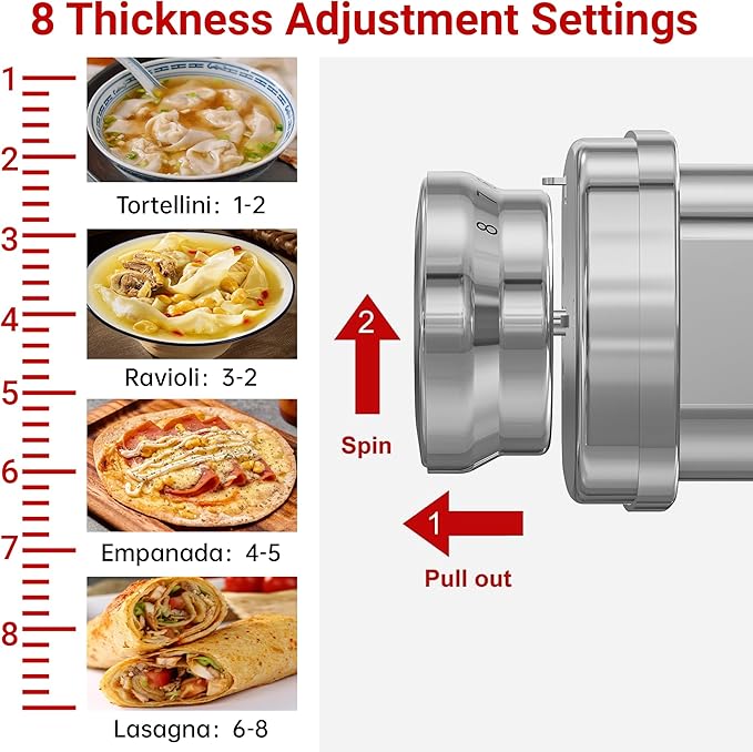 Pasta Roller Attachment for KitchenAid, Stainless Steel Pasta Roller Attachment for KitchenAid Stand Mixer, 8 Gears Adjustable Thickness.