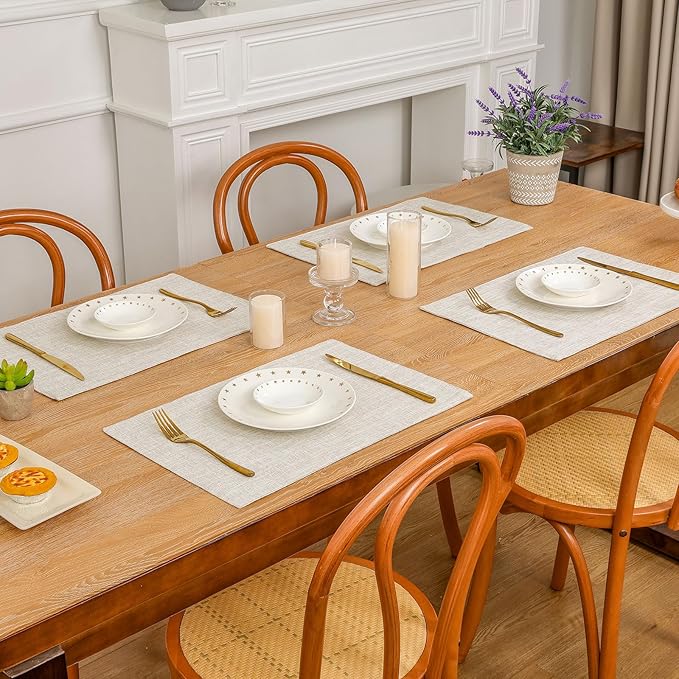 SHACOS Washable Cloth Placemats Set of 4, Double Layer Thick Non Slip Heat Resistant Place Mats, Stain Resistant Faux Linen Modern Farmhouse Table Mats, Ivory