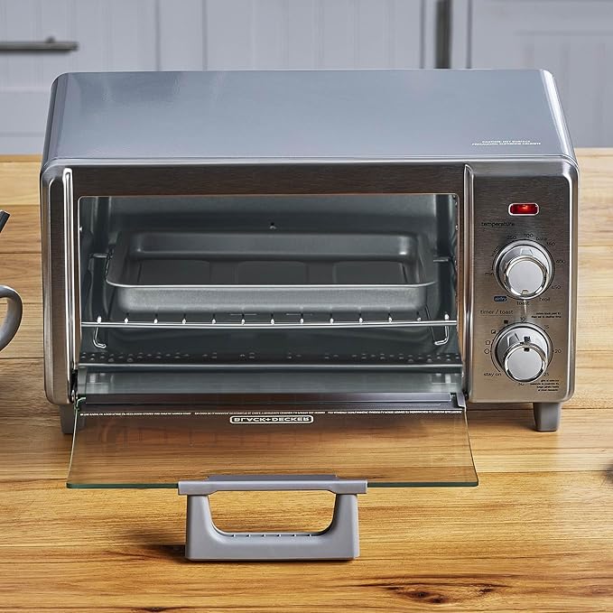 BLACK+DECKER Crisp 'N Bake Air Fry Countertop Convection Toaster Oven, Medium Capacity, 4-Slice, 5-in-1, Fits 9” Pizza, 30-Min Timer, Bake, Broil, Air Fry, Toast, Keep Warm, Stainless Steel