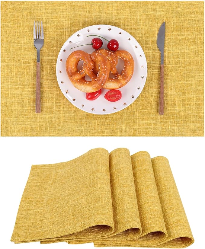 SHACOS Woven Fabric Placemats Set of 4 Heat Resistant Place Mats Non Slip Washable Double Layer Cloth Placemats Reversible Table Mats Kitchen Dining Table Decor (4, Yellow)