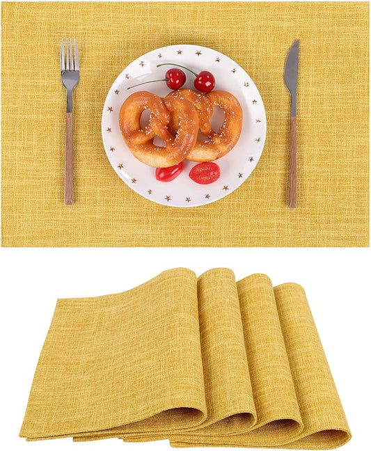 SHACOS Woven Fabric Placemats Set of 4 Heat Resistant Place Mats Non Slip Washable Double Layer Cloth Placemats Reversible Table Mats Kitchen Dining Table Decor (4, Yellow)