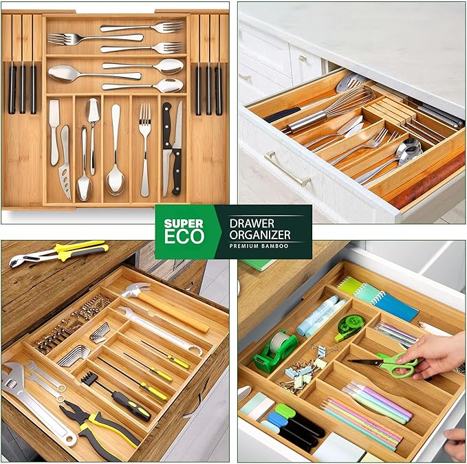 Bamboo Kitchen Drawer Organizer - Bamboo Expandable Drawer Organizer Utensil Holder & Cutlery Tray - Adjustable Wood Drawer Dividers Organizer for Silverware, Flatware, Knives (9 Slot)