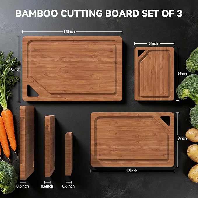 Bamboo Cutting Boards for Kitchen, [Set of 3] Wood Cutting Boards with Deep Juice Grooves, Built-in Handles & Holder, Charcuterie board & Chopping board for Meat, Vegetables and Fruits,Brown