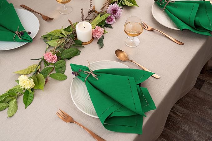 D'Moksha Homes Linen Dinner Napkins 20 x 20 Inch - 100% Pure Linen Kelly Green Napkins Set of 4 - Classic Hemstitch - Washable Kelly Green Cloth Napkins for Summer