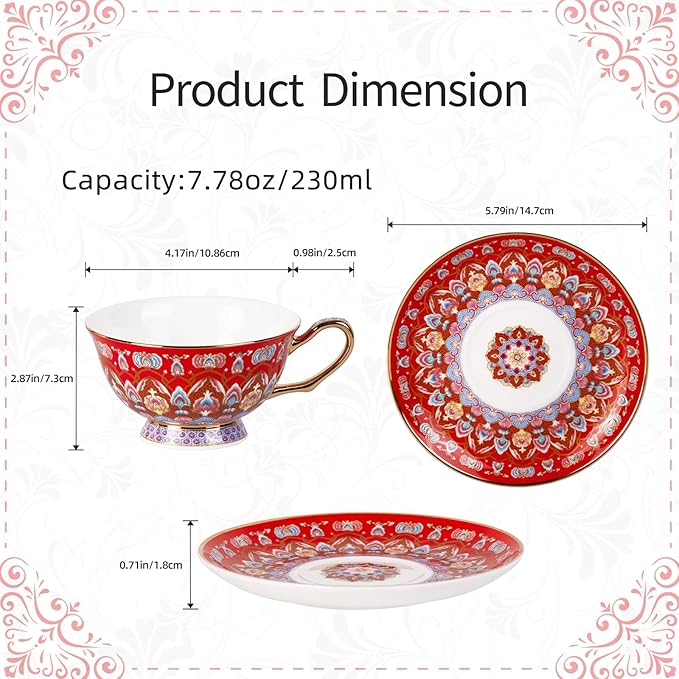 KAMMAK Tea Cups and Saucers Set of 2, Porcelain Coffee Cups with Saucer for Espresso, Cappuccino, 8oz Vintage Red and Blue Ceramic Demitasse Mug for Home, Tea Party, Office