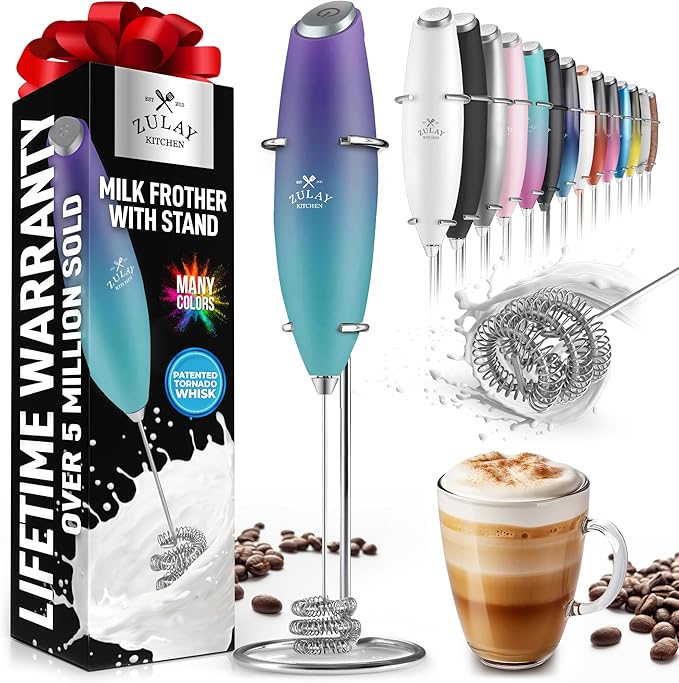 Zulay Kitchen Milk Frother with Patented Tornado Triple Whisk – Handheld Foam Maker for Coffee, Lattes, Matcha & Hot Chocolate – Rich, Creamy Froth in Seconds -