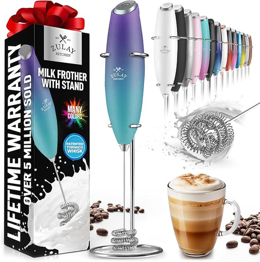 Zulay Kitchen Milk Frother with Patented Tornado Triple Whisk – Handheld Foam Maker for Coffee, Lattes, Matcha & Hot Chocolate – Rich, Creamy Froth in Seconds -