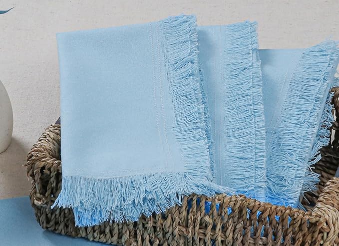 Bedding Craft Cotton Cloth Dinner Napkins Set of 12 – 18x18 Airy Blue with Fringed Corners – Machine Washable Fabric Napkins for Weddings, Baby Showers, Parties & Table Décor