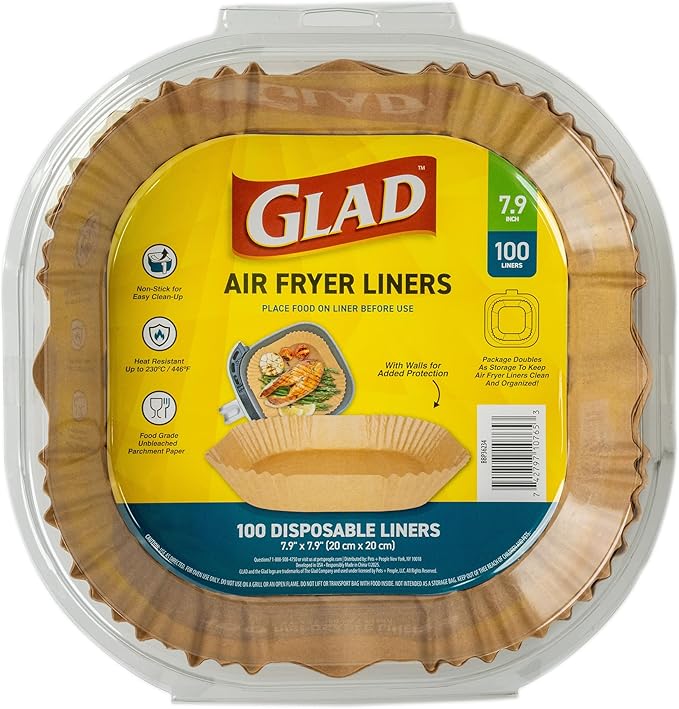 Glad Air Fryer Liners Rounded Square Shape with Walls, Nonstick and Heat Resistant, Food Grade Material, Suitable for Square and Round Air Fryers, Air Fryer Accessories, 7.9" - 100 Count