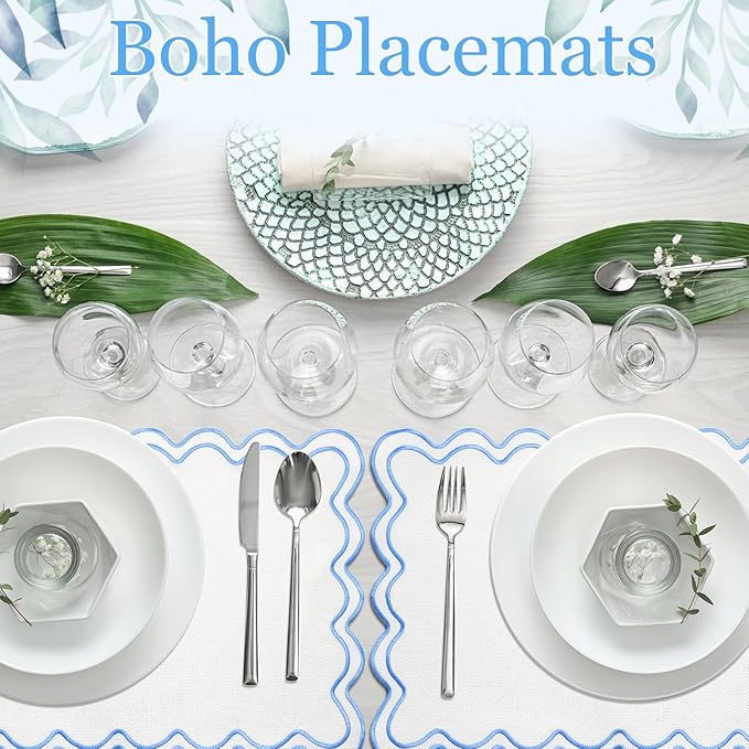 12 Set Linen Placemat 13x19 Wavy Embroidery Scalloped Placemat Double Layered Washable Farmhouse Dinner Table Mat Fabric Napkin for Christmas Hotel Restaurant Wedding Party(Sky Blue)