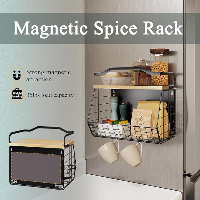 Magnetic Shelf for Fridge with Wood Lid, Heavy Duty Fruit Basket, Fruit Potato and Onion Storage Bins, Magnetic Spice Rack for Refrigerator, Black Hanging Wire Basket for Kitchen Counter