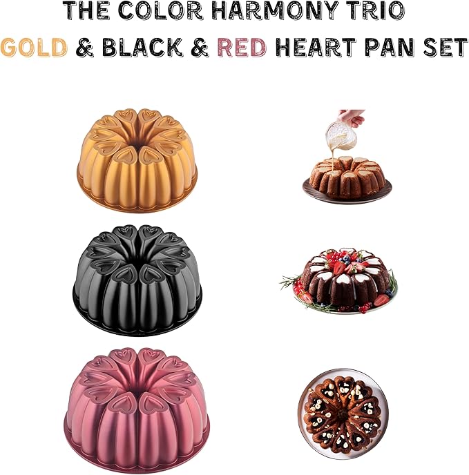 Heart Shape Cast Aluminum Molded Cake Pan, Titanium Coating, Non-Stick, 12 Cups, 10 Inch Pound Pan intended for Bundt Cakes, Gifts for Mom, Fluted Tube, Easy to Clean (3-Pack, Gold-Black-Red)
