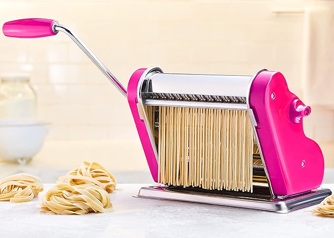 PASTALINDAClassic 200 Pasta Maker Machine, 20 cm Wide Rollers, 9 Thickness Positions, 2 Cutting Positions, Stainless Steel. Includes Reinforced Hand Crank And Two Clamps (Fuchsia)