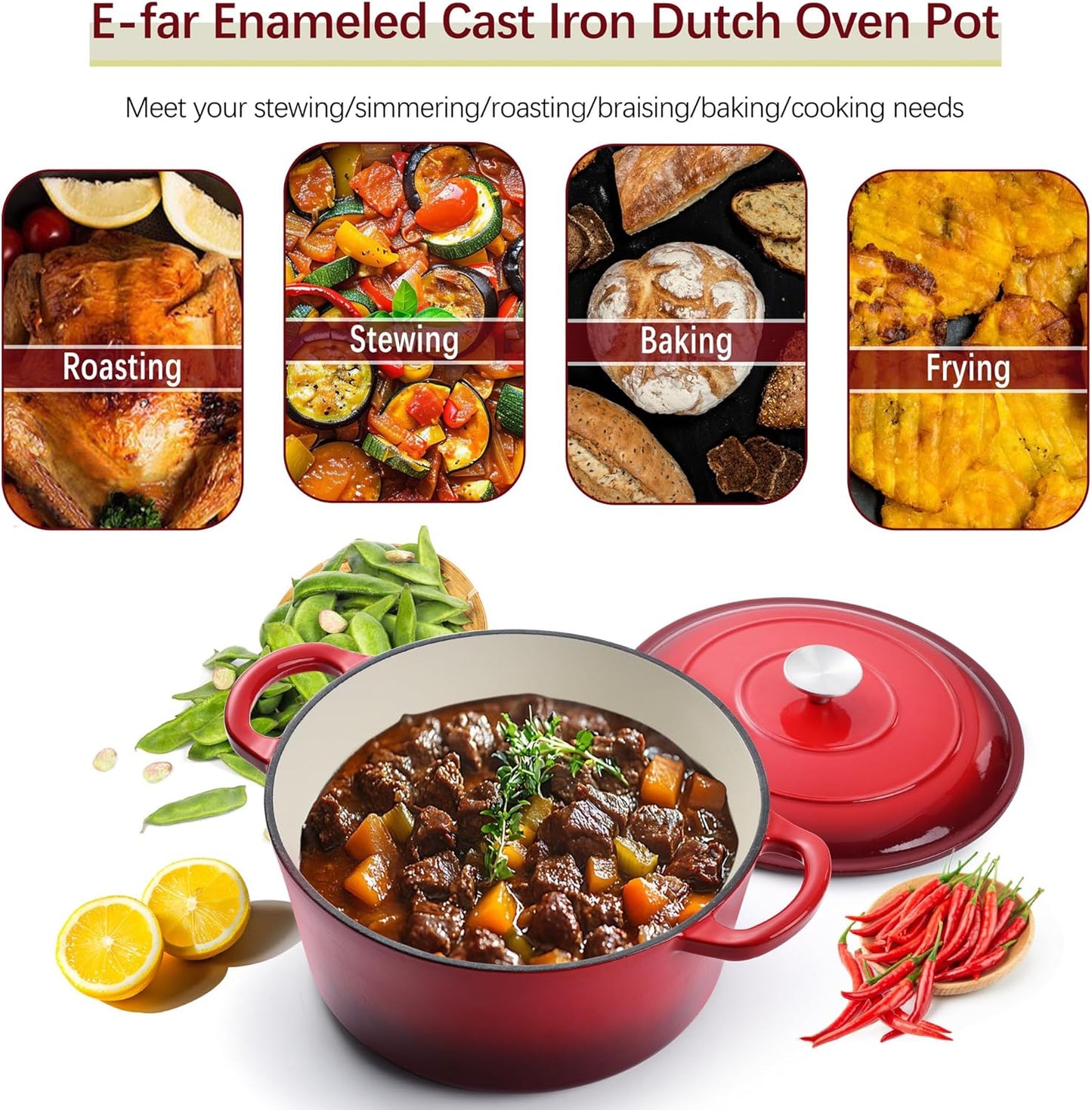 E-far 7QT Enameled Dutch Oven, Cast Iron Dutch Oven Pot with Lid for Cooking/Bread Baking/Braising/Roasting/Stewing, Heavy Duty Round Nonstick Cookware Safe for Induction & Oven - Red