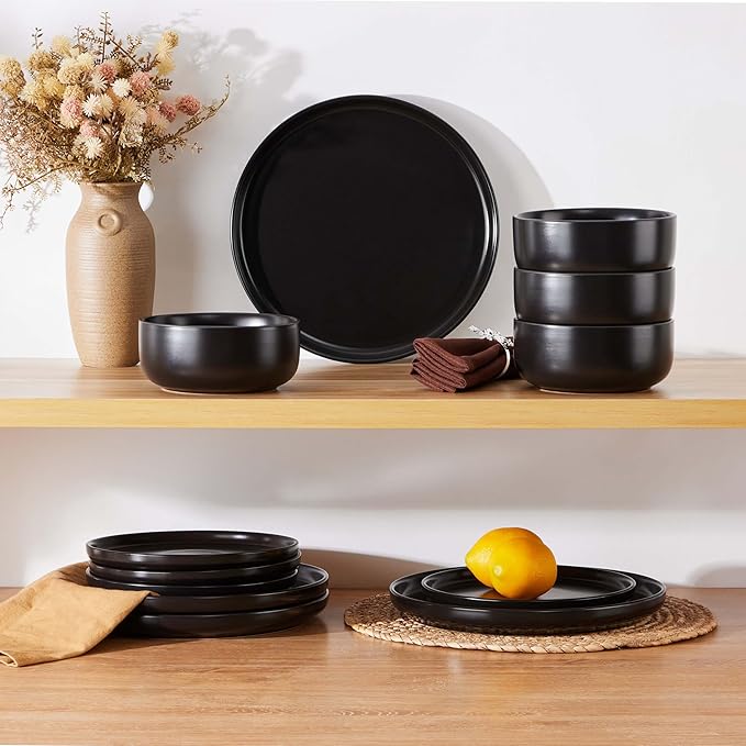 Herogo 12 Pieces Stoneware Dinnerware Set Service for 4, Dinner Plates and Bowls Sets, Double Reactive Glaze Dishes Set for Kitchen, Scratch Resistant, Microwave & Dishwasher Safe, Matte Black