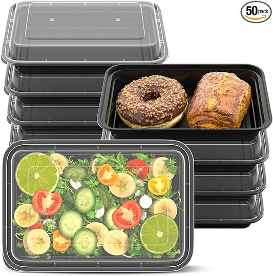 28oz Meal Prep Containers [50-Pack], Reusable Bento Box with Easy-Snap Leakproof Lids - Microwave, Dishwasher & Freezer Safe Food Storage, BPA-Free Plastic Lunch Containers (Black)