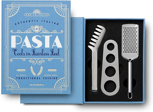 The Essentials, Pasta Tools – Pasta Kit with Spaghetti Tong, Spaghetti Measurer & Grater in Bright Blue Book-Style Case