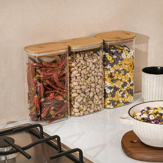 56oz Rectangle Airtight Glass Storage Containers with Bamboo Lids (Set of 3), Square Food Storage Jar, Pantry Organizers for Oats, Cereal, Pasta and Coffee beans (‎with Black Lable)