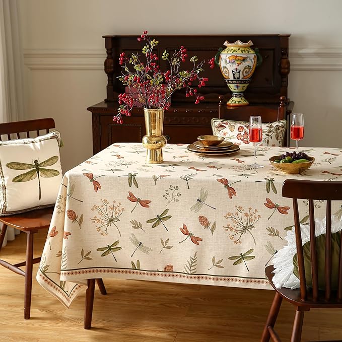 French Square Tablecloth,Linen Table Cloth with Flowers and Red and Green Dragonflies Pattern,Heavy Durable Table Cover for Dining Thanksgiving Kitchen Decor Party Christmas,55"*55"