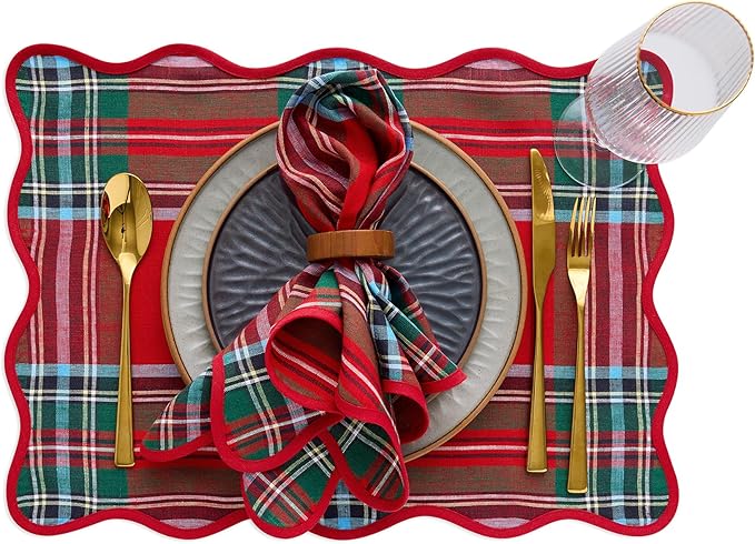 Solino Home Scallop Linen Napkins Set of 4-100% Pure Linen Red Madras Holiday Plaid Dinner Napkins Cloth 20 x 20 Inch for Christmas - Giselle Scallop Edge, Handcrafted and Machine Washable