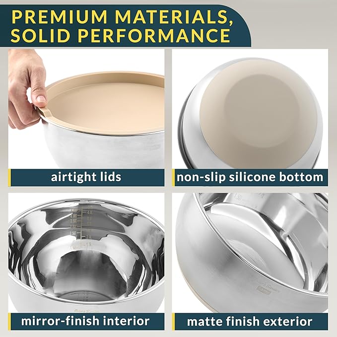 Baker's Signature Stainless Steel Mixing Bowls with Lids Set, 5 Sizes, 3 Graters, Non-Slip Base, Airtight Lids, Metal Mixing Bowls for Kitchen, Food Prep, Storage, 0.63QT-5QT, Khaki