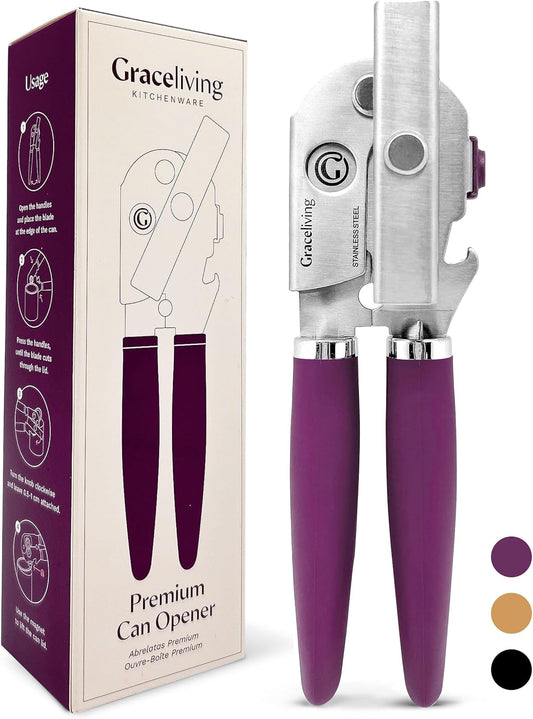 Premium Multifunctional Magnetic Manual Can Opener and Bottle Opener, Heavy Duty Stainless Steel Sharp Cutting Blade and Oversized Easy Turn Knob, Soft-Touch Handle, Kitchen Use, Mauve