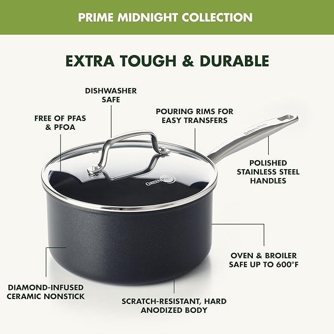 GreenPan Prime Chatham 1QT & 2QT Saucepan Pot Set with Glass Lids, Hard Anodized Diamond Infused Ceramic Nonstick, PFAS-Free, Dishwasher Safe, Oven Safe, Multipurpose Chefs Pan, Stay-Cool Handle,Black