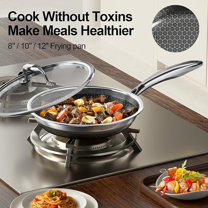 Fogdream 8” Pots and Pans Set Non Stick, Stainless Steel Pan with Lid, Dishwasher and Oven-Safe Frying Pan, PFOA Free and Induction Compatible Cookware Set, Silver