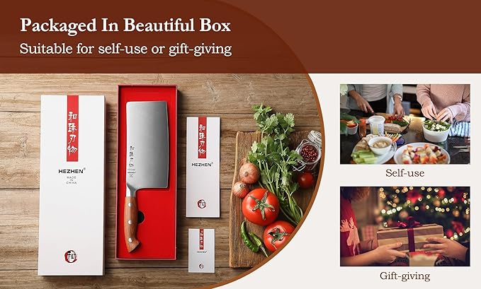 HEZHEN Cleaver Knife 7.1 inch, German 1.4116 Steel & Ergonomic Red Wood Handle, Sharp Meat Cleaver for Meat Cutting Vegetable Slicing