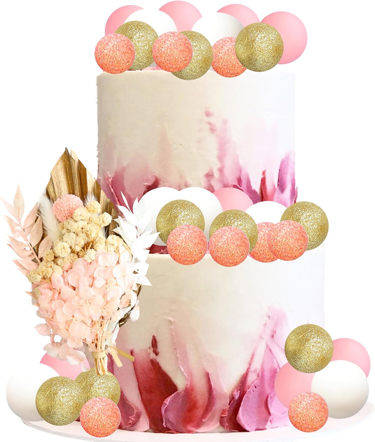 Gyufise 21 Pack Flower Boho Cake Topper Ball Cake Decorations Palm Leaves Plants Cake Decor for Girl Bohemian Princess Theme Wedding Baby Shower Birthday Party Supplies Gold Pink